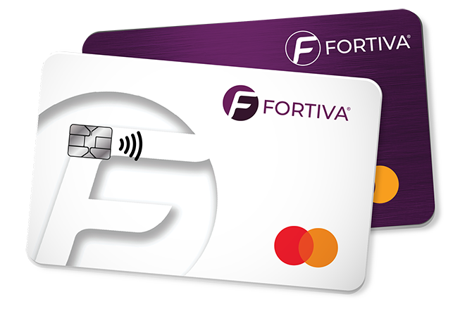 Two Fortiva mastercard credit cards, white and purple
